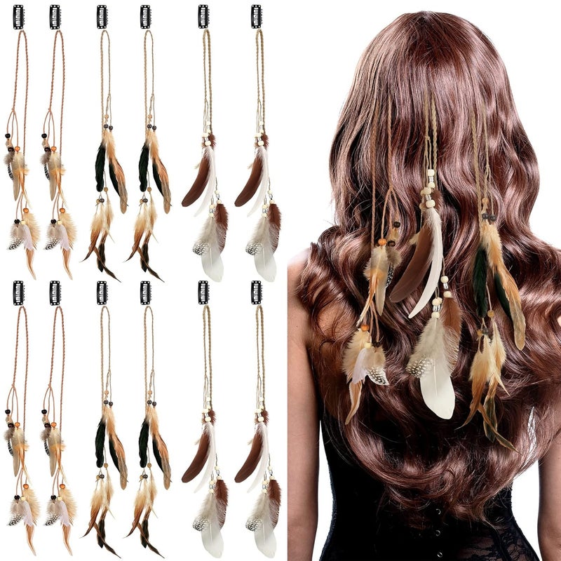Geyoga 12 Pcs Feather Hair Clip Boho Hair Extensions with Feather Clip Comb Hippie DIY Accessories Hairpin Tribal Braided Beads Headdress for Women(Brown, Dark Brown,Stylish) - Image 1